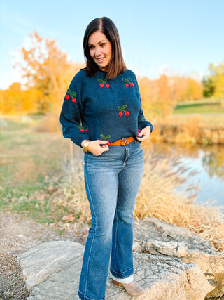 Jovie Sweater - Navy Sweater with Cherry Knitted Detailing