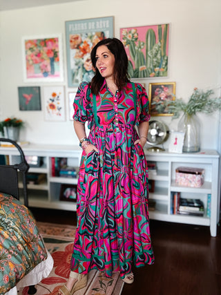 Karlie Multi Jewel Swirl Maxi Ruffle Dress in Magenta