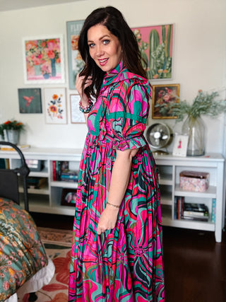 Karlie Multi Jewel Swirl Maxi Ruffle Dress in Magenta