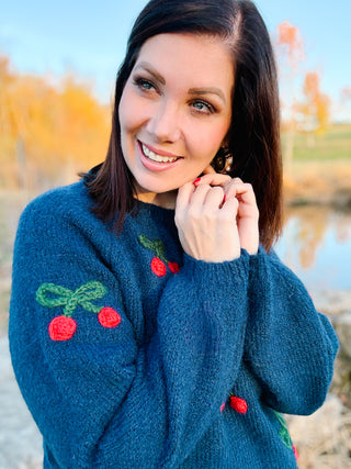 Jovie Sweater - Navy Sweater with Cherry Knitted Detailing