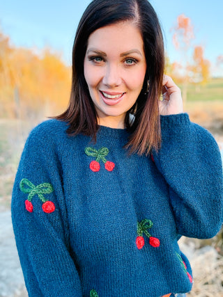 Jovie Sweater - Navy Sweater with Cherry Knitted Detailing