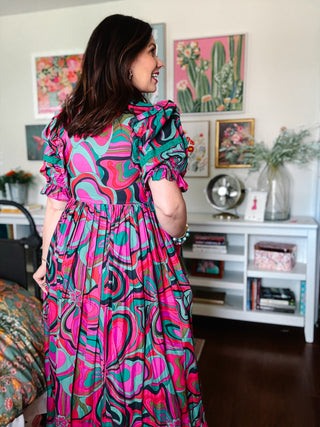 Karlie Multi Jewel Swirl Maxi Ruffle Dress in Magenta