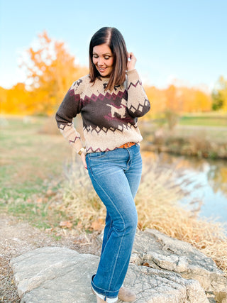 Winnie Sweater - Puppy Dog and Bow Motif on Cocoa and Wine Colored Sweater