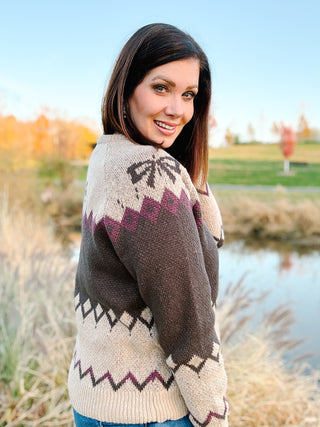 Winnie Sweater - Puppy Dog and Bow Motif on Cocoa and Wine Colored Sweater