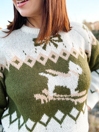 Winnie Sweater - Puppy Dog and Bow Motif on Cream and Olive Colored Sweater