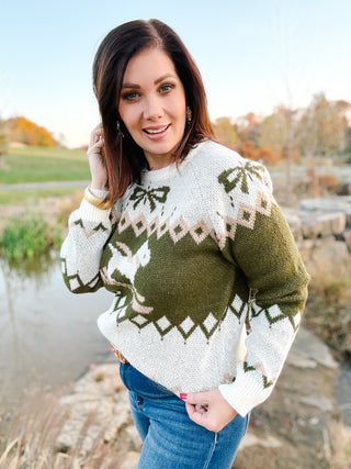 Winnie Sweater - Puppy Dog and Bow Motif on Cream and Olive Colored Sweater