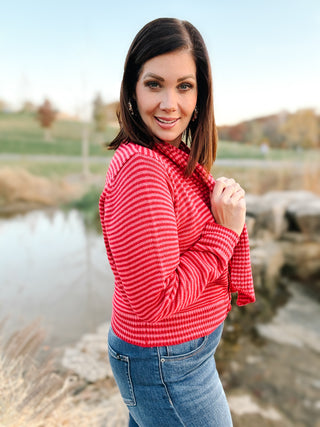 Averie Sweater - Burnt Red and Burgundy Cardigan Sweater with Build-In Scarf Detail