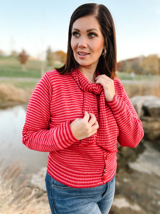 Averie Sweater - Burnt Red and Burgundy Cardigan Sweater with Build-In Scarf Detail
