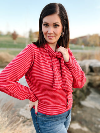 Averie Sweater - Burnt Red and Burgundy Cardigan Sweater with Build-In Scarf Detail