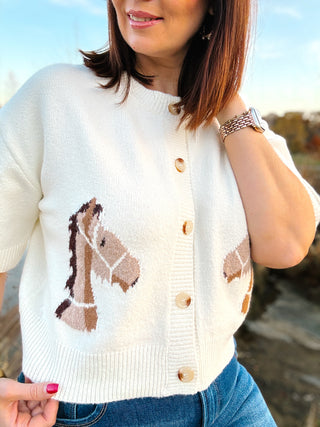 Delaney Cardigan Sweater - Cream Short Sleeve with Horse Head Motif