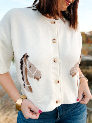 Delaney Cardigan Sweater - Cream Short Sleeve with Horse Head Motif