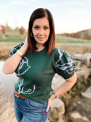 Isleen Sweater by THML - Hunter Green Short Sleeved Sweater with Abstract Floral Detailing