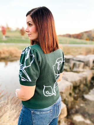 Isleen Sweater by THML - Hunter Green Short Sleeved Sweater with Abstract Floral Detailing