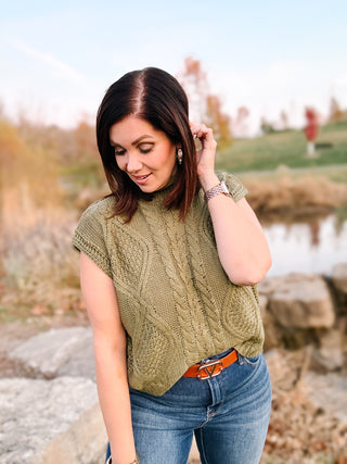 Elara Sweater Top – Olive Green Chunky Cable Knit Sleeveless Sweater