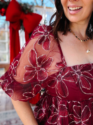 Torren Holiday Dress - Deep Burgundy Square Neck Mini Dress with Floral Embellishments