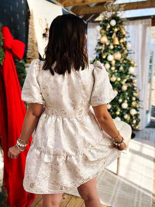 Madeline Dress - Jacquard Champagne Mini Babydoll Dress