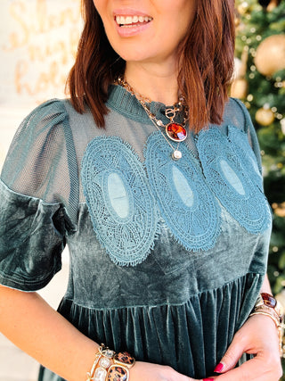 Alessia Dress - Teal Velvet Embroidered Bodice Holiday Mini Dress