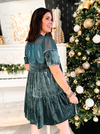Alessia Dress - Teal Velvet Embroidered Bodice Holiday Mini Dress