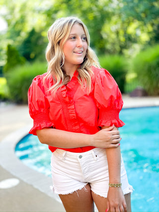 Genevieve Top - Red Smocked Ruffle Trim Puffed Sleeve Top