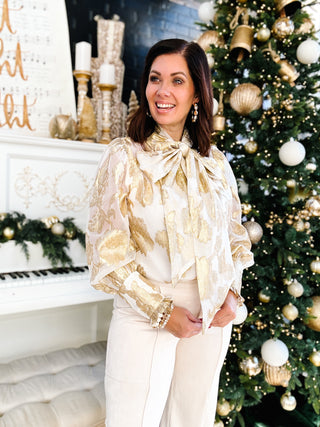 Teagan Blouse - Cream and Gold Top with Self Tie Neck
