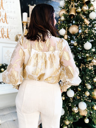Teagan Blouse - Cream and Gold Top with Self Tie Neck