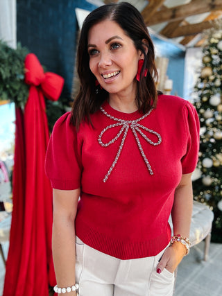 Delphina Sweater - Christmas Red Sweater with Rhinestone Bow Neckline