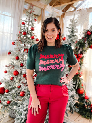 Merry Sweater - Pine Green Christmas Sweater with Ombre Merry