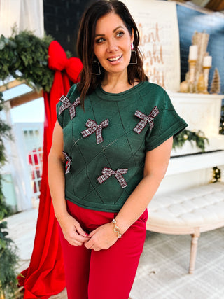 Tinsley Sweater - Christmas Green Holiday Sweater with Bow Detailing