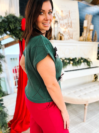 Tinsley Sweater - Christmas Green Holiday Sweater with Bow Detailing