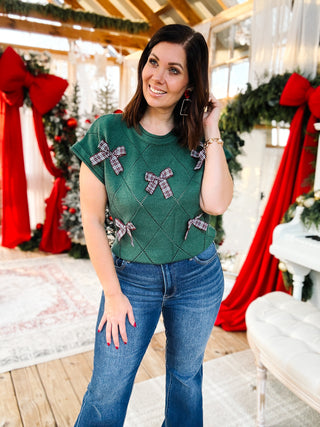 Tinsley Sweater - Christmas Green Holiday Sweater with Bow Detailing