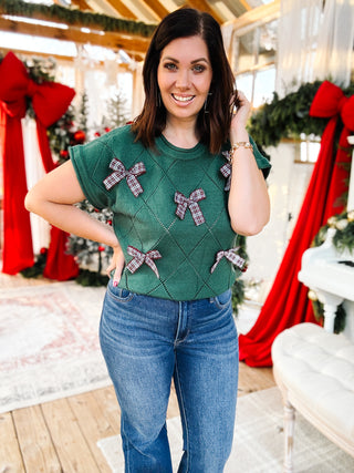 Tinsley Sweater - Christmas Green Holiday Sweater with Bow Detailing