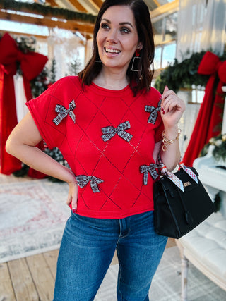 Tinsley Sweater - Christmas Red Holiday Sweater with Bow Detailing