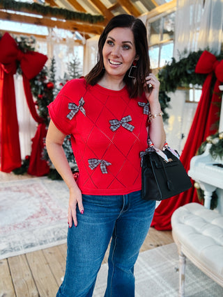 Tinsley Sweater - Christmas Red Holiday Sweater with Bow Detailing