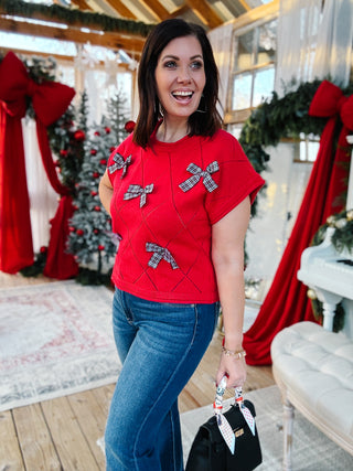 Tinsley Sweater - Christmas Red Holiday Sweater with Bow Detailing