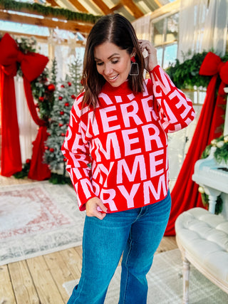 Merriest Sweater by Ivy Jane - Red and Pink Graphic Merry Sweater