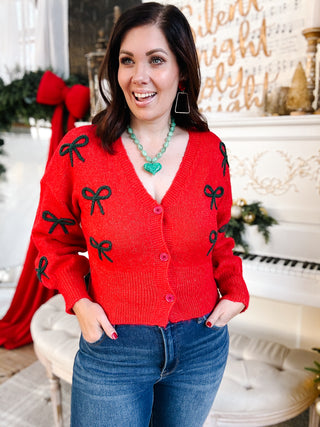 Claribel Cardigan - Coquette Red Cardigan Sweater with Bow Appliques
