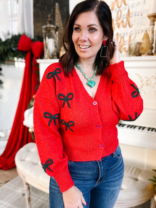 Claribel Cardigan - Coquette Red Cardigan Sweater with Bow Appliques
