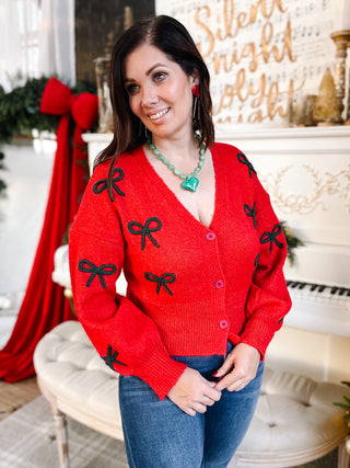 Claribel Cardigan - Coquette Red Cardigan Sweater with Bow Appliques