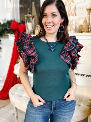Tatiana Flutter Top - Christmas Shirt with Layered Tartan Plaid Sleeves