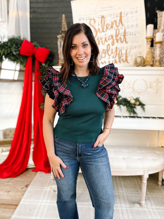 Tatiana Flutter Top - Christmas Shirt with Layered Tartan Plaid Sleeves