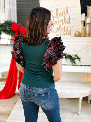 Tatiana Flutter Top - Christmas Shirt with Layered Tartan Plaid Sleeves