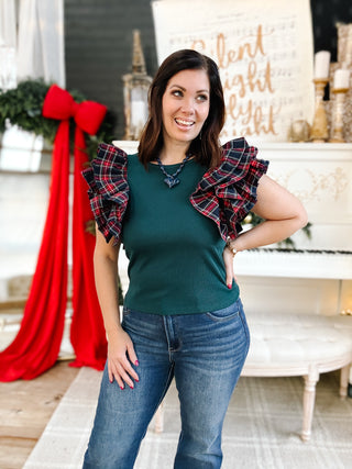 Tatiana Flutter Top - Christmas Shirt with Layered Tartan Plaid Sleeves