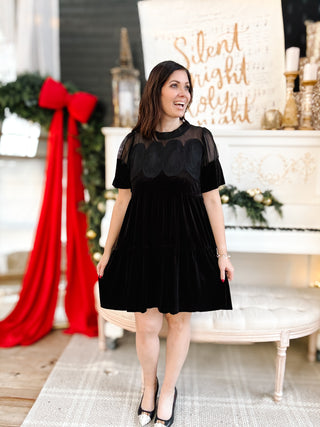 Alessia Dress - Black Velvet Embroidered Bodice Holiday Mini Dress