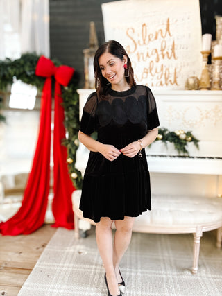 Alessia Dress - Black Velvet Embroidered Bodice Holiday Mini Dress