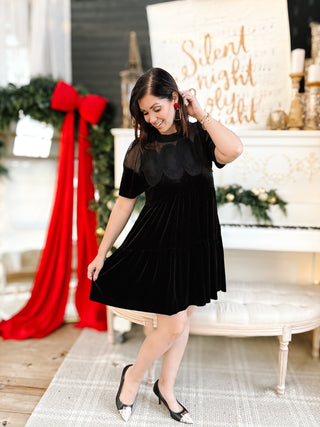 Alessia Dress - Black Velvet Embroidered Bodice Holiday Mini Dress