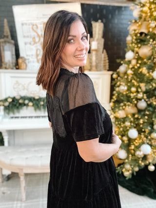 Alessia Dress - Black Velvet Embroidered Bodice Holiday Mini Dress