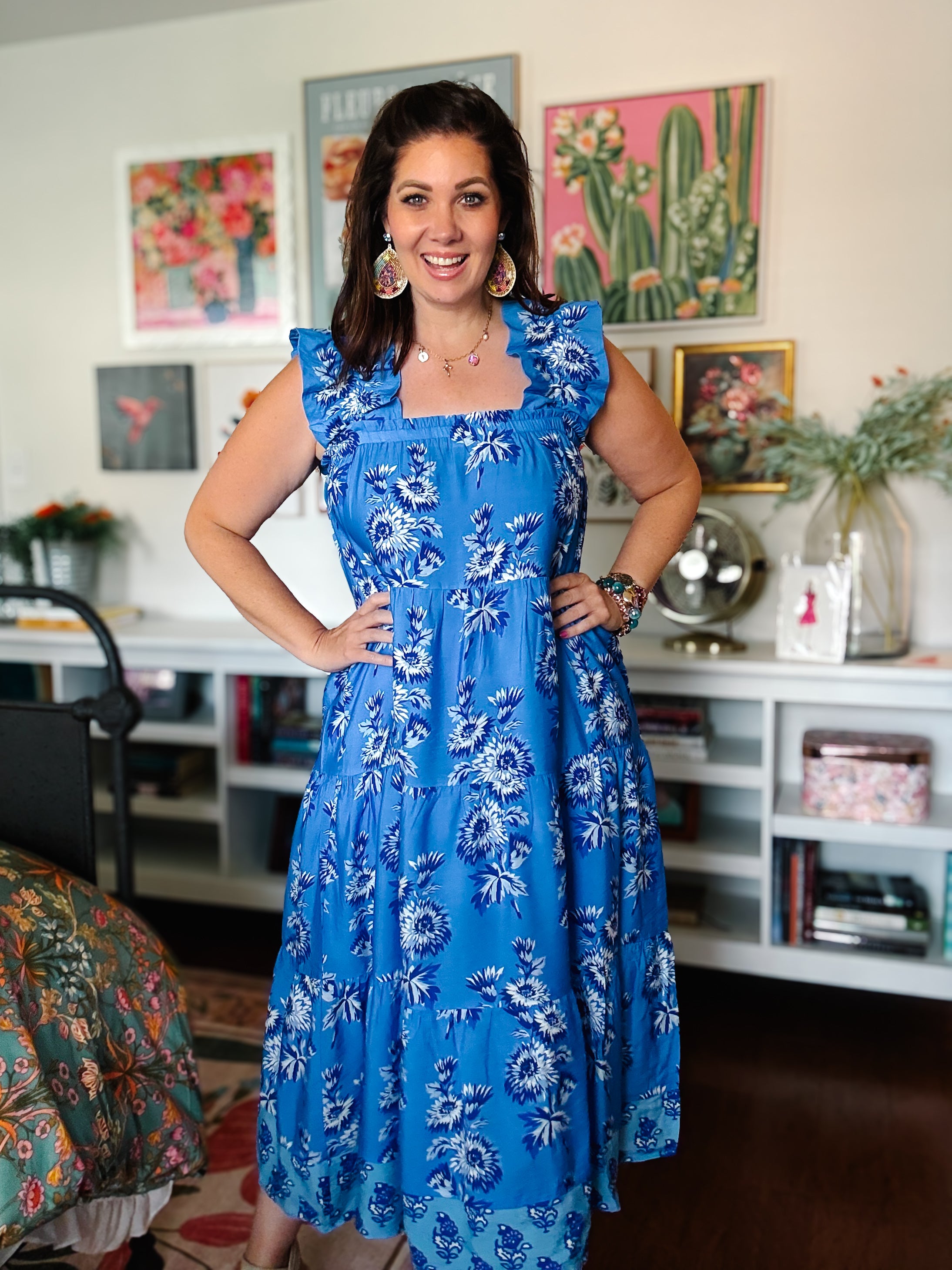 Blue Floral Ruffle Strap Maxi Dress by THML