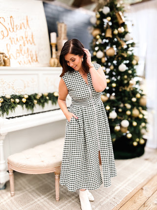 Michelle Midi Dress - Green Checkered Dress with Zip Front