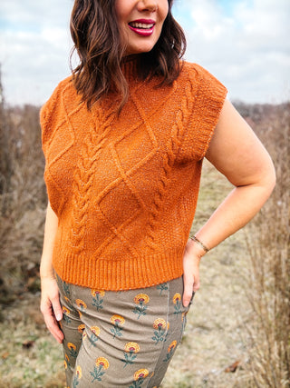 Clementine Sweater Vest - Rust Orange Cable Knit Sleeveless Sweater