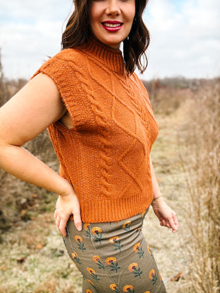 Clementine Sweater Vest - Rust Orange Cable Knit Sleeveless Sweater